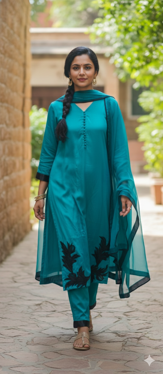 Teal Satin Suit with Black Stonework - 3-Piece Set