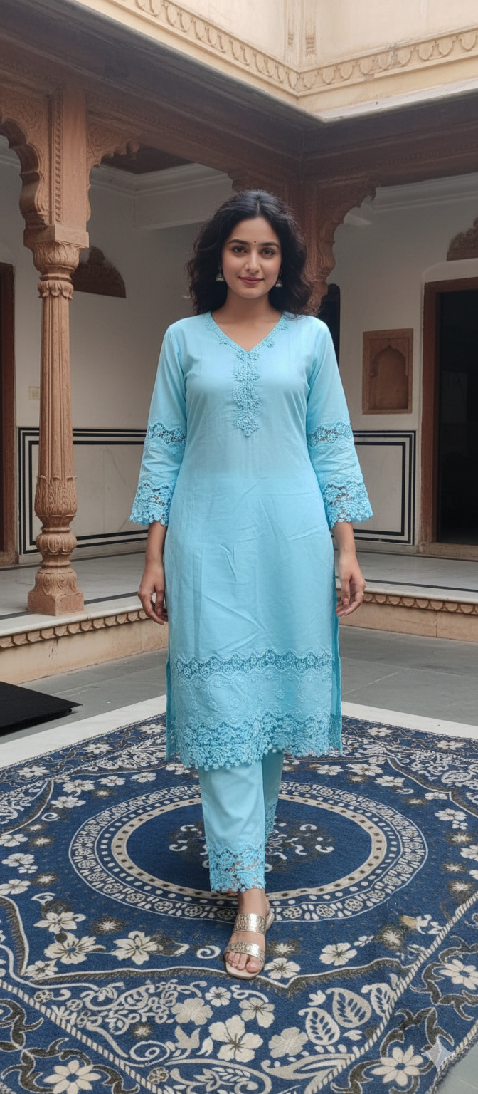 Baby blue Cut Work Suit - 2-Piece Set