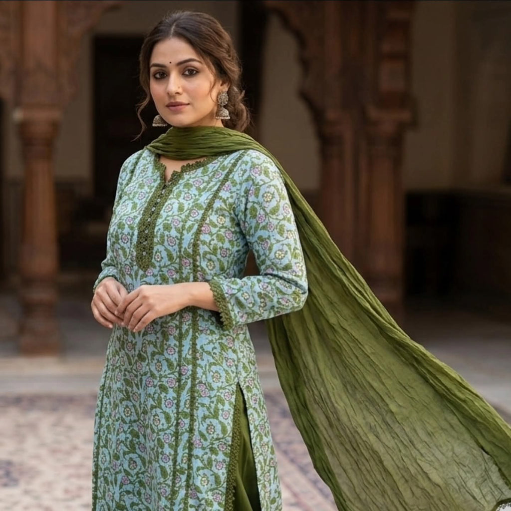 Cotton Sequin Work Kurti with Printed Dupatta - 3-Piece Se